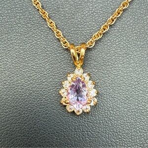 Teardrop Pear Shape Amethyst & CZ Pendant on Adjustable 20-22” Gold Plate Chain